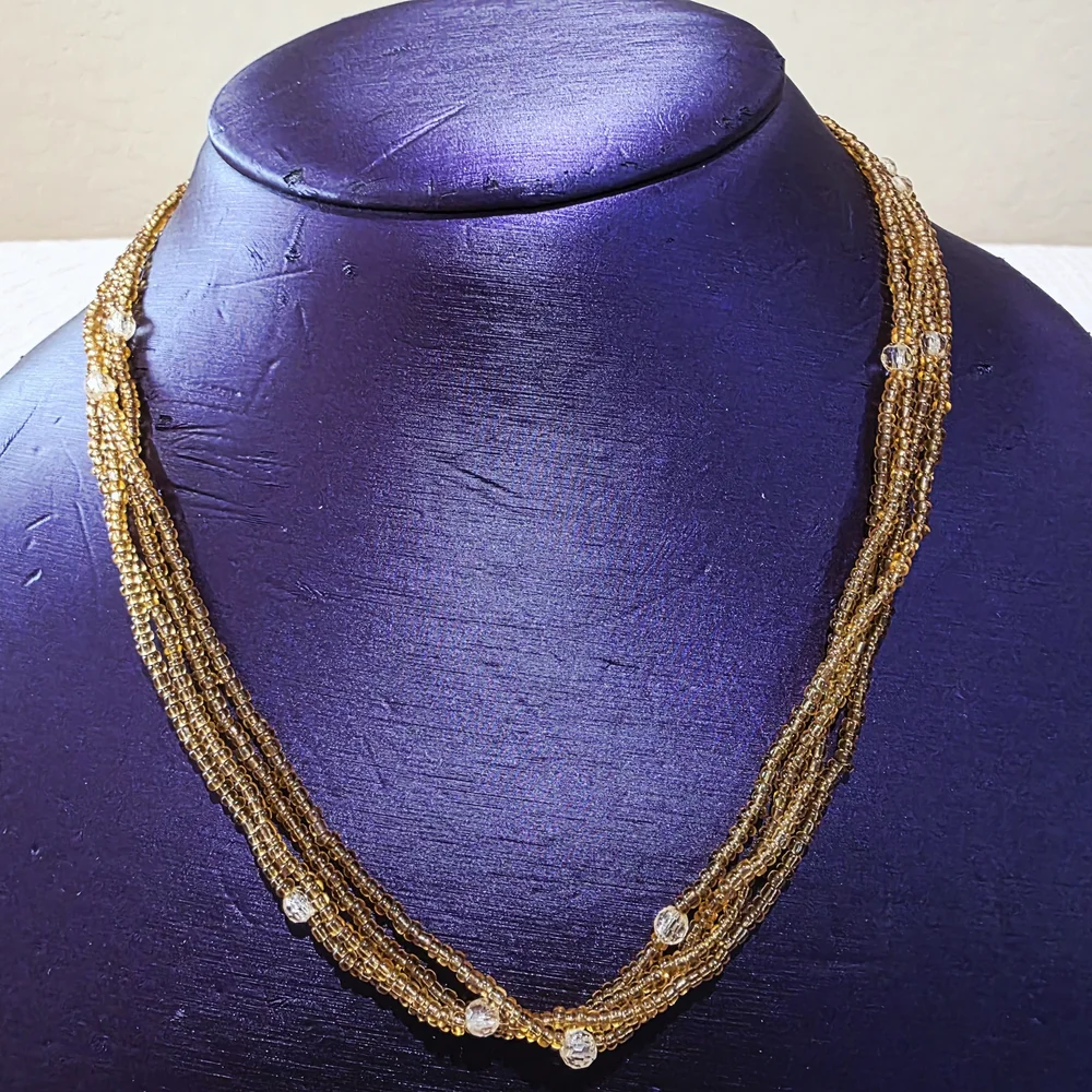Vintage Glass Bead Beaded Amber Orange Gold White 4 Strand Layered Necklace